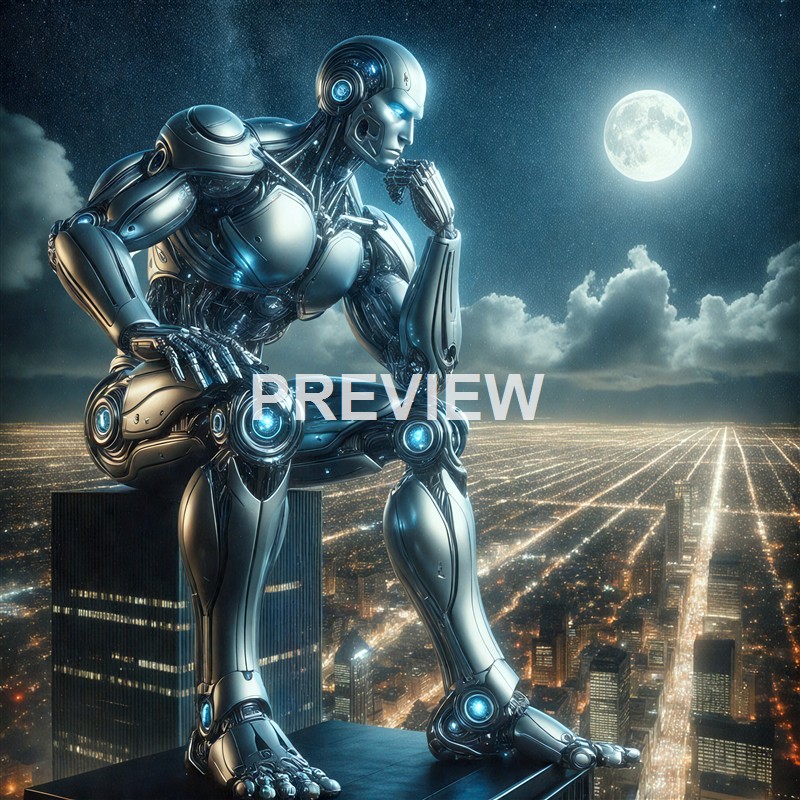 A highly detailed humanoid robot with a metallic, futuristic design is seated on a ledge overlooking a city at night, illuminated by countless city lights and a full moon in the sky.